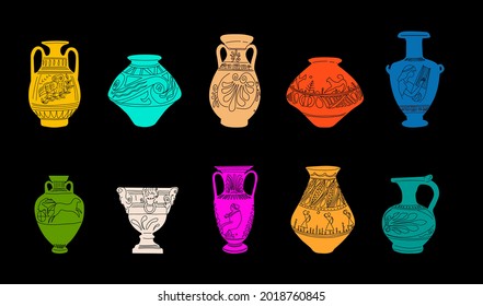 Set of antique Greek amphorae, vases with patterns, decorations and life scenes. lassic Antique items in modern style. Contemporary arts. Vector illustration.