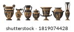 Set of antique Greek amphoras, vases with patterns, decorations and life scenes. Ancient decorative pots isolated on white background, old clay jugs, ceramic pottery. Vector illustration