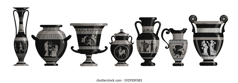 Set of antique Greek dark amphoras, vases with patterns, decorations and life scenes. Ancient decorative pots isolated on white background, old clay jugs, ceramic pottery. Vector illustration