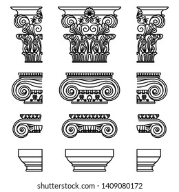 A set of antique Greek historical capitals for Calon: Ionic, Doric, and Corinthian capitals with a cut element scheme Vector line illustration