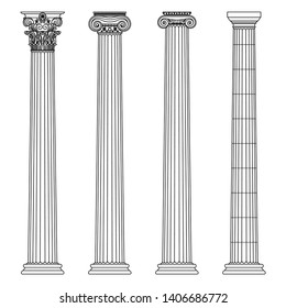 A set of antique Greek and historical columns with Ionic, Doric and Corinthian capitals. Vector line illustration.