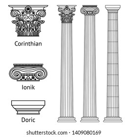A set of antique Greek historical columns and capitals for them: the Ionic, Doric and Corinthian capitals. Vector line illustration