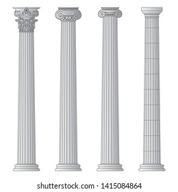 A set of antique Greek and historical columns with Ionic, Doric and Corinthian capitals. Vector line illustration.