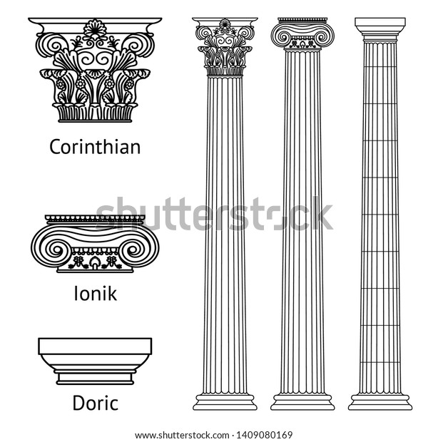 A set of antique Greek historical columns\
and capitals for them: the Ionic, Doric and Corinthian capitals.\
Vector line illustration