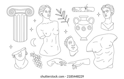 Set of antique greek sculptures in line style. Vector illustration.