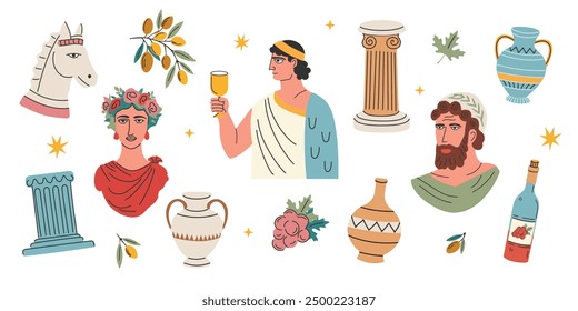 A set of antique Greek sculptures in a modern style. Women's heads, knight's heads, horse's heads, olive branch, amphora, wine, grapes.Vector illustration in modern bohemian style