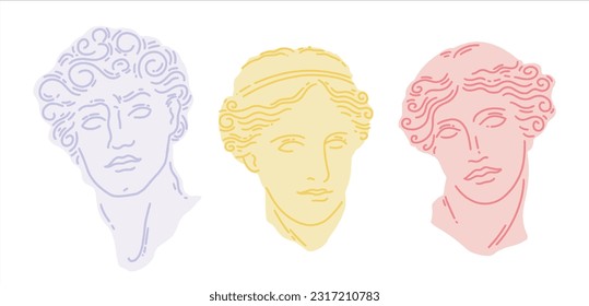 Conjunto de cabezas antiguas. Escultura griega. Busto de escayola de Venus y David. Ilustración vectorial en un estilo plano. Elemento de diseño moderno.