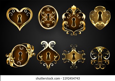 Set of antique, jewelry, keyholes on black background.