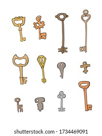 A set of antique keys of different sizes drawn in a vector on a white background