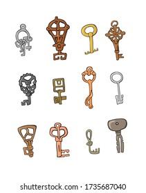 Un conjunto de llaves antiguas de metal no ferroso de diferentes tamaños y formas, dibujadas en un vector sobre un fondo blanco