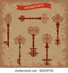 Set of antique keys. Vintage vector illustration collection.