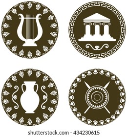 Set of antique logos with amphora, temple, shield and spears, cithern. The symbols of Greece