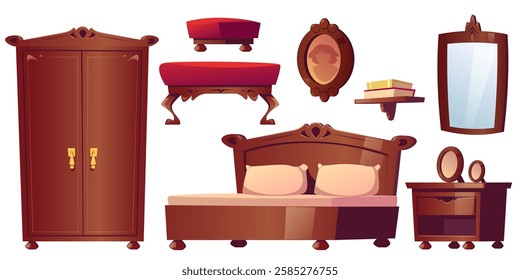 Set of antique luxury bedroom furniture. Vector flat illustrations isolated on white background. Vintage carved wooden furniture, chairs, cabinets, chests of drawers, bed isolated on white background.