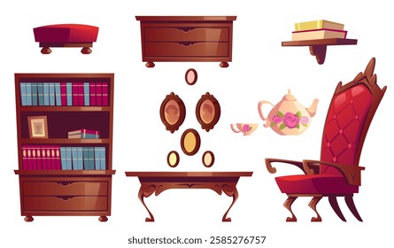 Set of antique luxury living room furniture. Vector flat illustrations isolated on white background. Vintage carved wooden furniture, chairs, cabinets, chests of drawers isolated on white background.