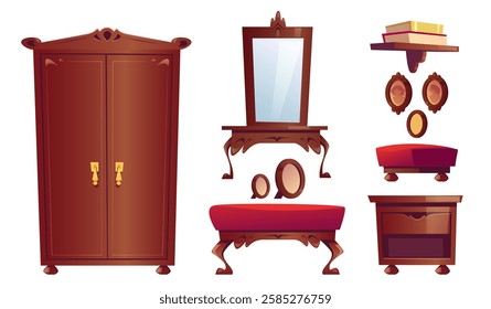 Set of antique luxury living room furniture. Vector flat illustrations isolated on white background. Vintage carved wooden furniture, chairs, cabinets, chests of drawers isolated on white background.