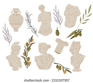 Set of antique marble Greek and Roman sculptures and olive tree branches, flat vector illustration isolated on white background. Ancient Greek or Roman statuary elements.