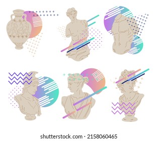 Set of antique marble Greek and Roman sculptures with vibrant colorful abstract elements, flat vector illustration isolated on white background. Ancient Greek or Roman statuary elements.