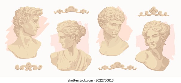 Set of antique marble heads isolated on background. Vector illustration