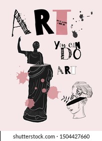 Set of antique marble sculptures of goddesses drawn in style of engraving lines. Classic statues of women in modern style. Design for stationery, logo, poster. Modern art. 