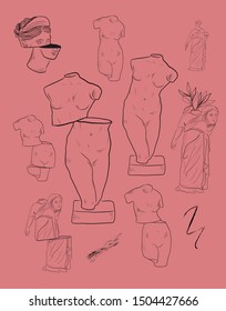 Set of antique marble sculptures of goddesses drawn in style of engraving lines. Classic statues of women in modern style. Design for stationery, logo, poster. Modern art. 