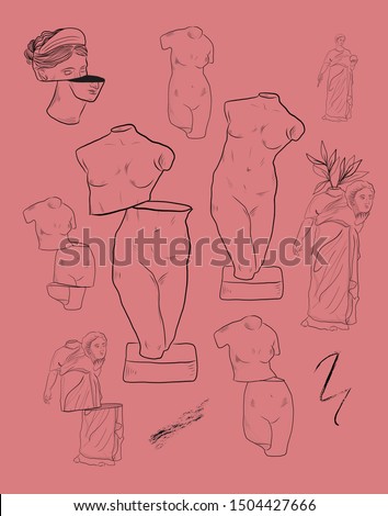 Set of antique marble sculptures of goddesses drawn in style of engraving lines. Classic statues of women in modern style. Design for stationery, logo, poster. Modern art. 