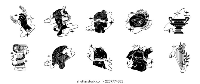 Set of antique marble statues. Ancient Greek art or sculpture with broken elements. Design elements for tattoos, logos. Harp, Roman helmet and Venus. Cartoon flat vector collection isolated on white