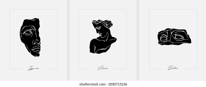 Set of antique marble statues with broken elements. Greek classic ancient of Venus, amphora. Modern tattoo and logo. Hand drawn mythical trendy Vector