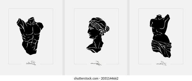 Set of antique marble statues with broken elements. Greek classic ancient of Venus, amphora. Modern tattoo and logo. Hand drawn mythical trendy Vector