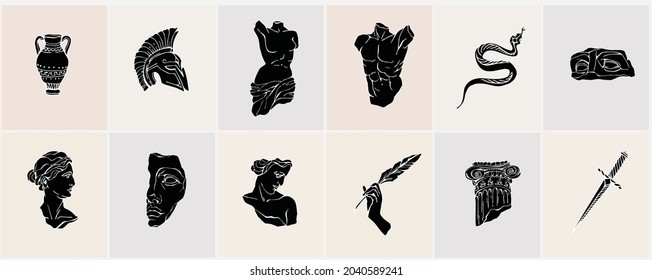 Set von antiken Marmorstatuen mit kaputten Elementen. Griechischer Klassiker der Venus, Amphora. Modernes Tattoo und Logo. Handgezeichneter mythischer Trendvektor