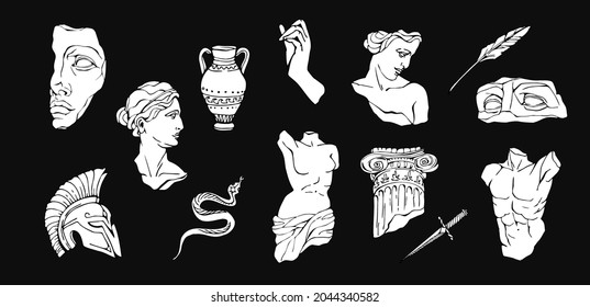Set of antique marble statues with broken elements. Greek classic ancient of Venus, amphora. Modern tattoo and logo. Hand drawn mythical trendy Vector