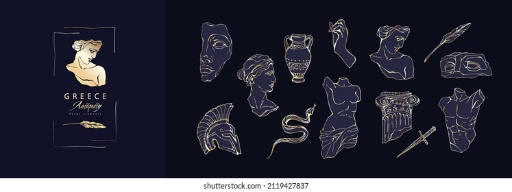 Conjunto de estatuas antiguas de mármol con elementos rotos. Clásico griego antiguo de Venus, ánfora. Tatuaje y logo modernos. Vector de moda mítico dibujado a mano