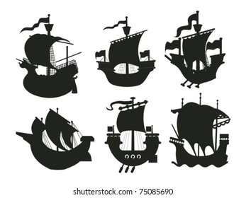 Set of antique and medieval ship silhouettes