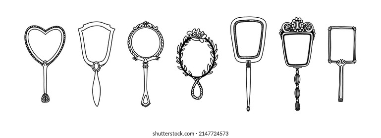 A set of antique mirrors with a handle. Round, oval and rectangular hand mirrors. Vintage makeup accessories, frames of various shapes. Hand drawn vector illustration on white isolated.