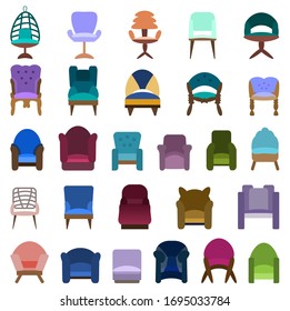 Set of antique and modern colored armchairs and chairs isolated on a white background. Vector illustration in flat style. Collection of furniture for bedroom, office, living room