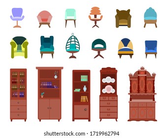 Set of antique and modern colored chairs, chairs, wardrobe, cabinet  isolated on a white background. Vector illustration in flat style. Collection of furniture for bedroom, office, living room