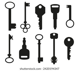 Set of antique and modern keys for different locks, vintage style key silhouettes