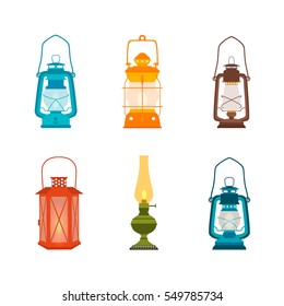 Set antique oil lanterns. Vector illustration.