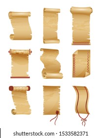 Set of antique or old paper roll. Horizontal and vertical scrolls or ancient manuscript, obsolete papyrus, rolled pentateuch background template. History and religion, wisdom theme.
