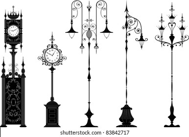 Set of antique ornate streetlights and street clocks in black - change the color is one click of the mouse, hands you can set how you want