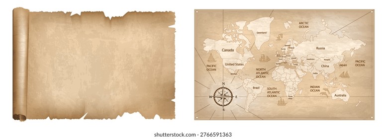 Set of antique paper sheet and old world maps isolated on transparent background. Realistic vector illustration for history, exploration, navigation, and vintage design projects