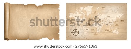Set of antique paper sheet and old world maps isolated on transparent background. Realistic vector illustration for history, exploration, navigation, and vintage design projects