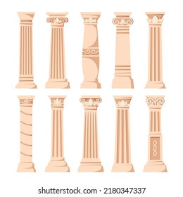 Set of Antique Pillars Isolated On White Background. Ancient Classic Stone Columns Of Roman Or Greece Architecture With Twisted And Groove Ornament For Interior Design. Cartoon Vector Illustration