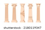 Set of Antique Pillars, Roman Baroque Renaissance Columns With Ornament. Ancient Classic Ivory Marble, Stone Greece Classic Architecture, Interior Colonnade Facade Obelisk. Cartoon Vector Illustration