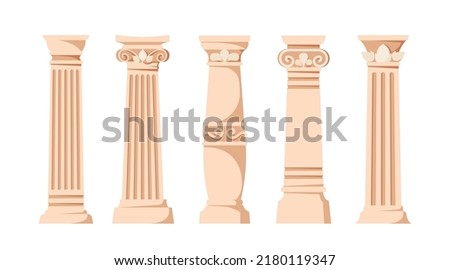 Set of Antique Pillars, Roman Baroque Renaissance Columns With Ornament. Ancient Classic Ivory Marble, Stone Greece Classic Architecture, Interior Colonnade Facade Obelisk. Cartoon Vector Illustration