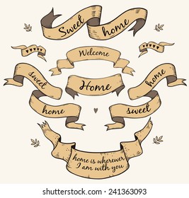 set of antique ribbon scroll with text "Sweet home" and "Welcome"