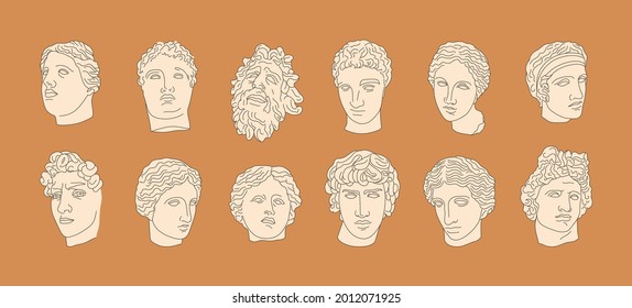 A set of Antique Sculptures in a Minimalistic, Trendy Linear style. Vector illustration of Ancient Greek Gods Venus, Apollo, David, Aphrodite and others. For Logos, T-shirts Print, Posters, Tattoos