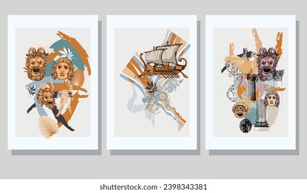 Set of antique ships and masks. Suitable for fabric, mural, wallpapers, posters and the like.