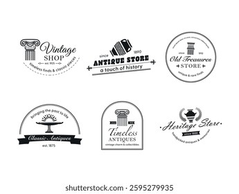 A set of antique shop logos showcasing vintage charm and history in a variety of designs and styles.