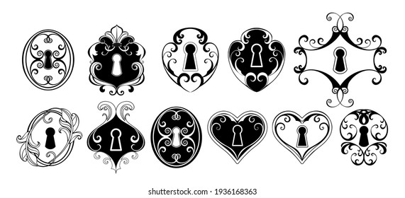 Set of antique, silhouette, patterned, contour, black, door keyholes on white background.