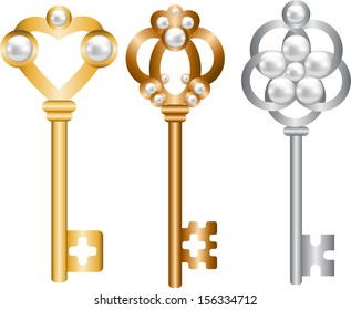 Set of antique skeleton keys with pearls